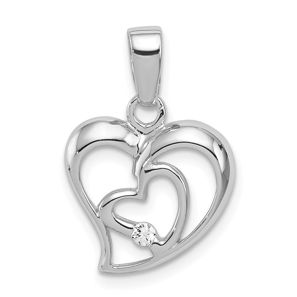 925 Sterling Silver Rhodium-plated CZ Open Double Heart Necklace Charm Pendant